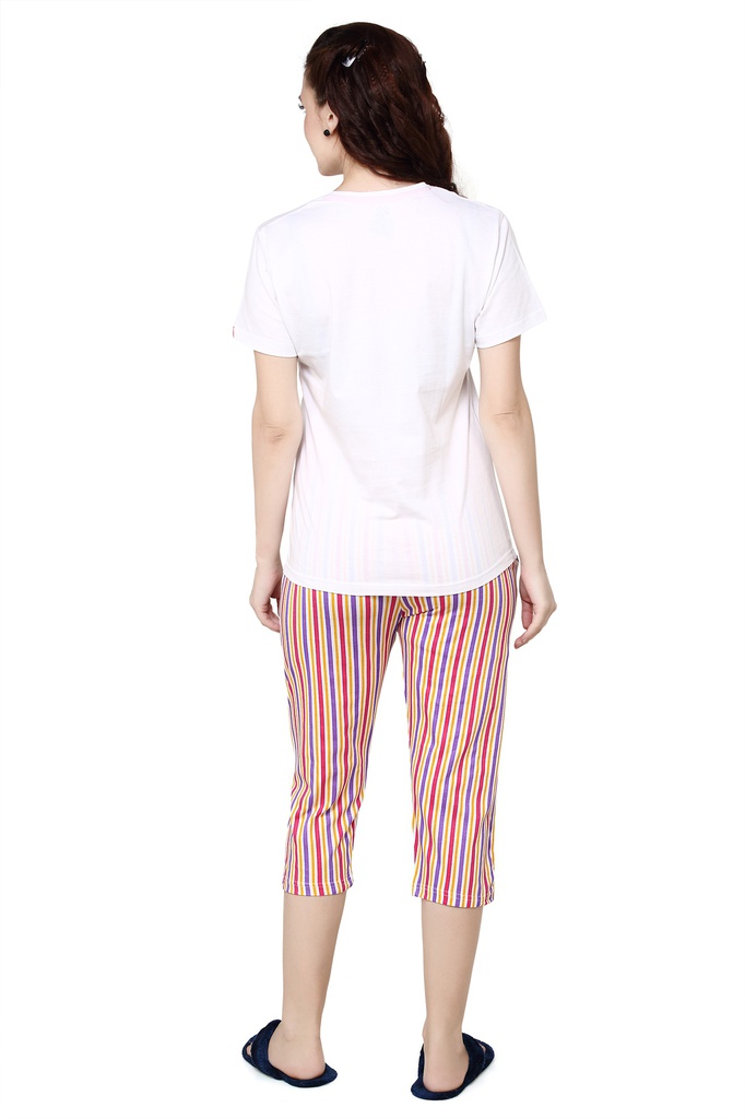 evolove Peach Round neck Stripes &amp; Ice cream Print Women's (Capri set) Night suit Get free eyemask inside of any design (White &amp; Peach, S)_NCSKN1421WE-S