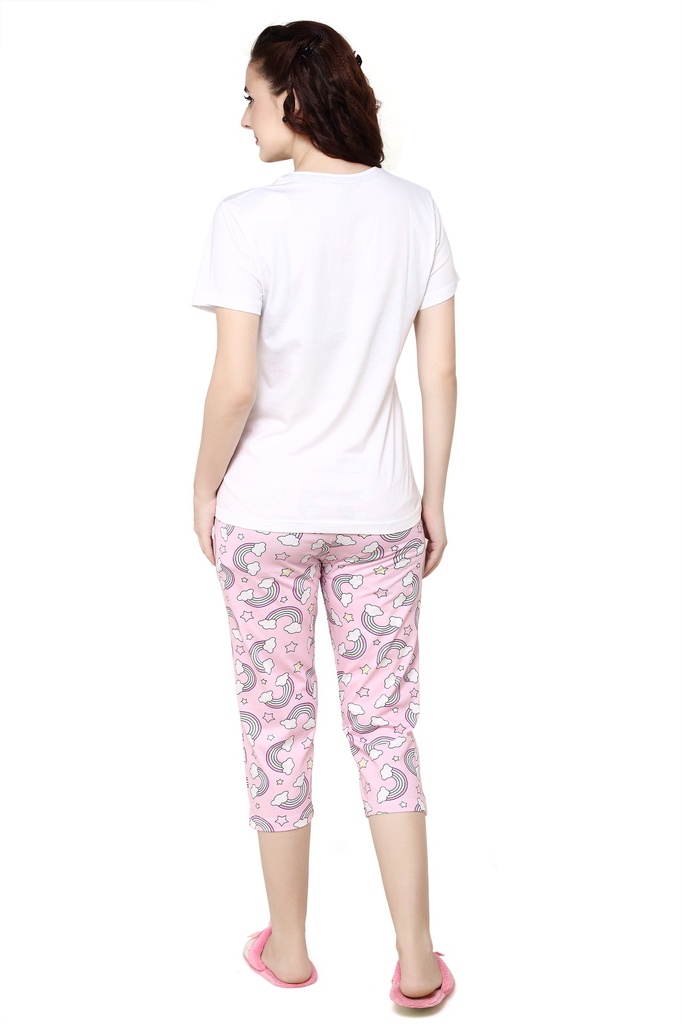 evolove Peach Round neck Stripes &amp; Ice cream Print Women's (Capri set) Night suit Get free eyemask inside of any design (White &amp; Peach, S)_NCSKN1421WE-S