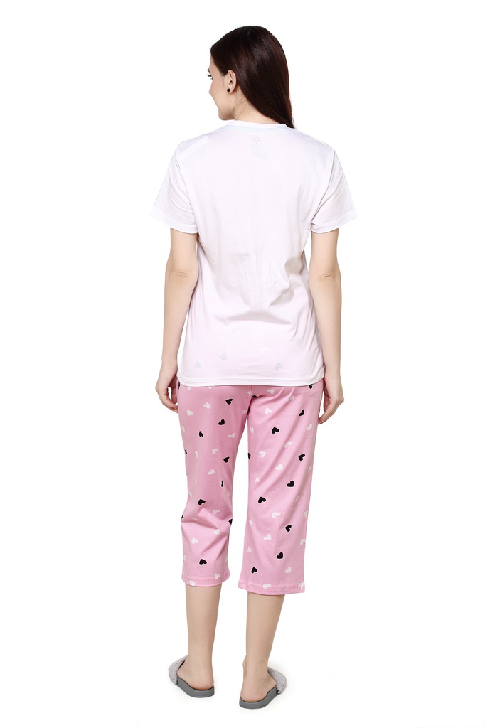 evolove Peach Round neck Stripes &amp; Ice cream Print Women's (Capri set) Night suit Get free eyemask inside of any design (White &amp; Peach, S)_NCSKN1421WE-S