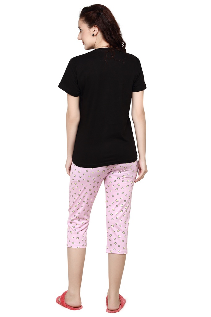 evolove Peach Round neck Stripes &amp; Ice cream Print Women's (Capri set) Night suit Get free eyemask inside of any design (White &amp; Peach, S)_NCSKN1421WE-S