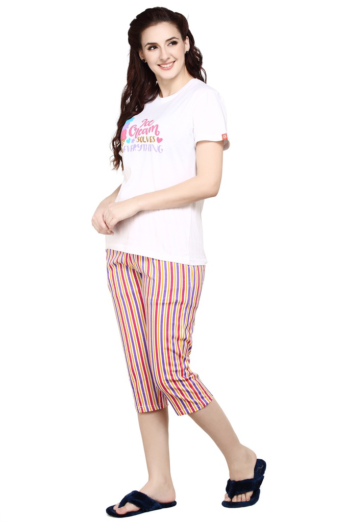 evolove Peach Round neck Stripes &amp; Ice cream Print Women's (Capri set) Night suit Get free eyemask inside of any design (White &amp; Peach, S)_NCSKN1421WE-S