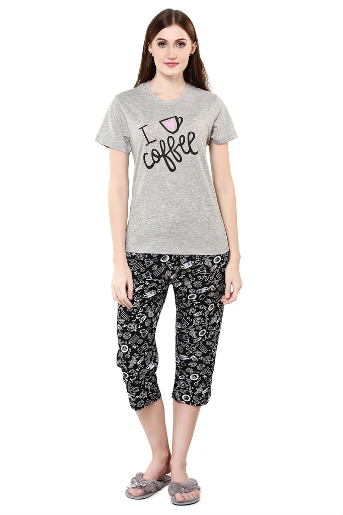 evolove Goat Grey Round Neck I love Coffee Printed (Capri Set)Get free eyemask inside of any design (Goat Grey &amp; Black)