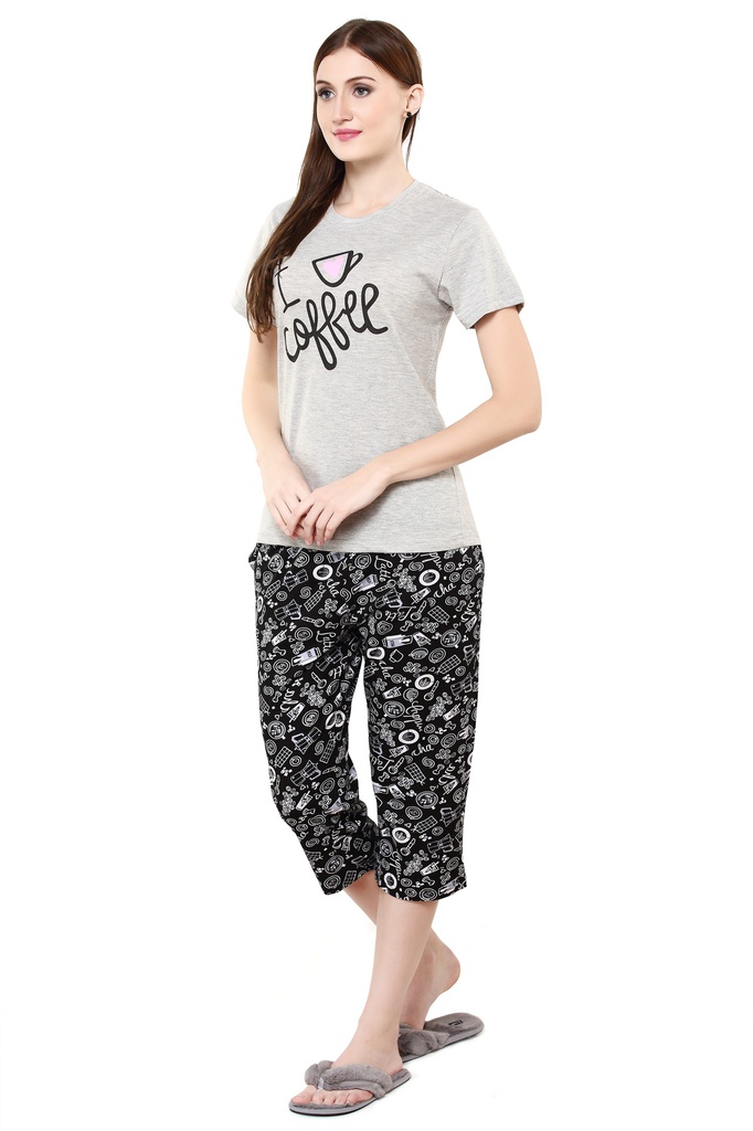 evolove Goat Grey Round Neck I love Coffee Printed (Capri Set)Get free eyemask inside of any design (Goat Grey &amp; Black)