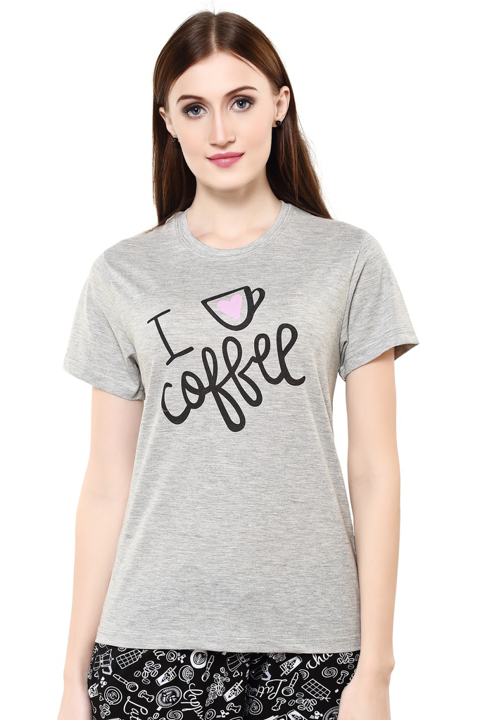 evolove Goat Grey Round Neck I love Coffee Printed (Capri Set)Get free eyemask inside of any design (Goat Grey &amp; Black)