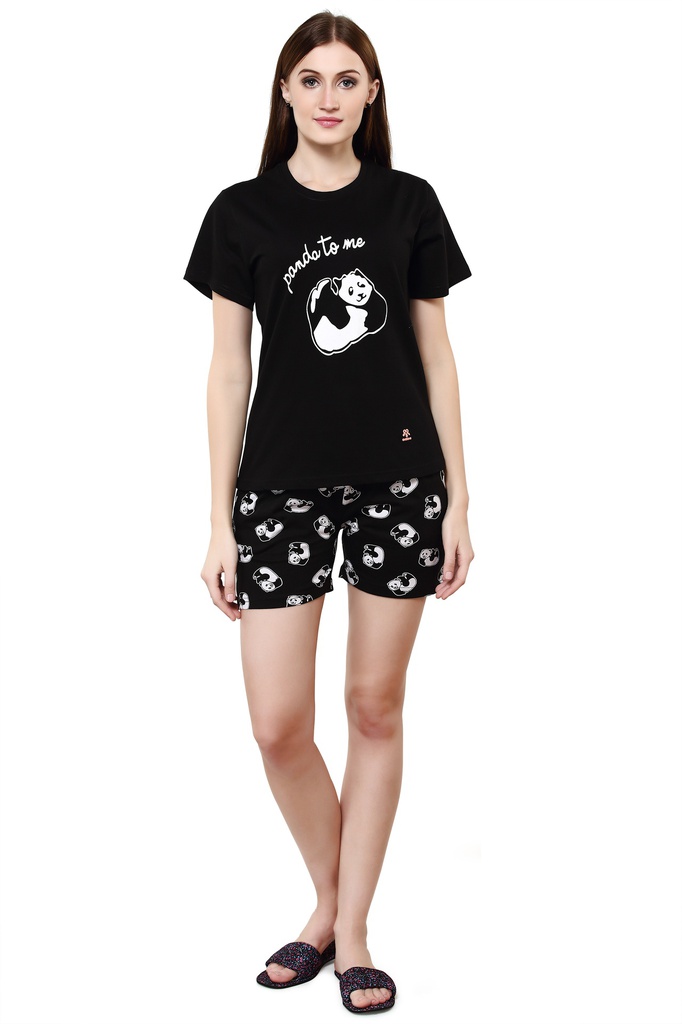 evolove Bold Black Round Neck Panda Printed (Shorts Set)Get free eyemask inside of any design (Bold Black)