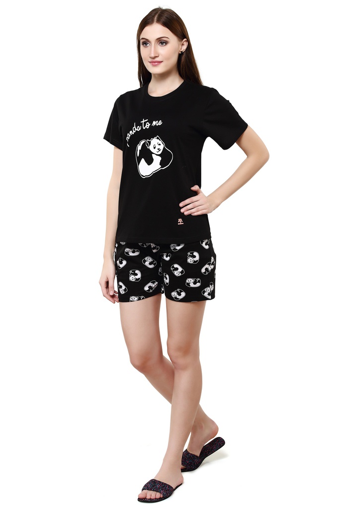 evolove Bold Black Round Neck Panda Printed (Shorts Set)Get free eyemask inside of any design (Bold Black)