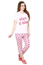 evolove Candy Pink Round Neck Wine Print Women's (Capri set) Get free eyemask inside of any design (White &amp; Candy Pink)