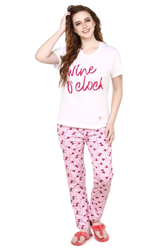 evolove Candy Pink Round Neck Wine Print Women's (Pajama set) Get free eyemask inside of any design (White &amp; Candy Pink)