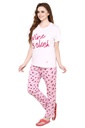 evolove Candy Pink Round Neck Wine Print Women's (Pajama set) Get free eyemask inside of any design (White &amp; Candy Pink)