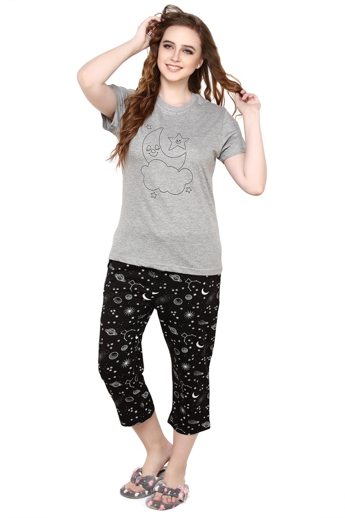 evolove Castor Grey Round Neck Galaxy print Women's (Capri set) Get free eyemask inside of any design (Grey &amp; Black)