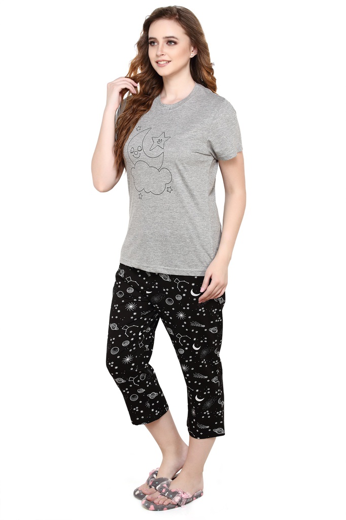 evolove Castor Grey Round Neck Galaxy print Women's (Capri set) Get free eyemask inside of any design (Grey &amp; Black)