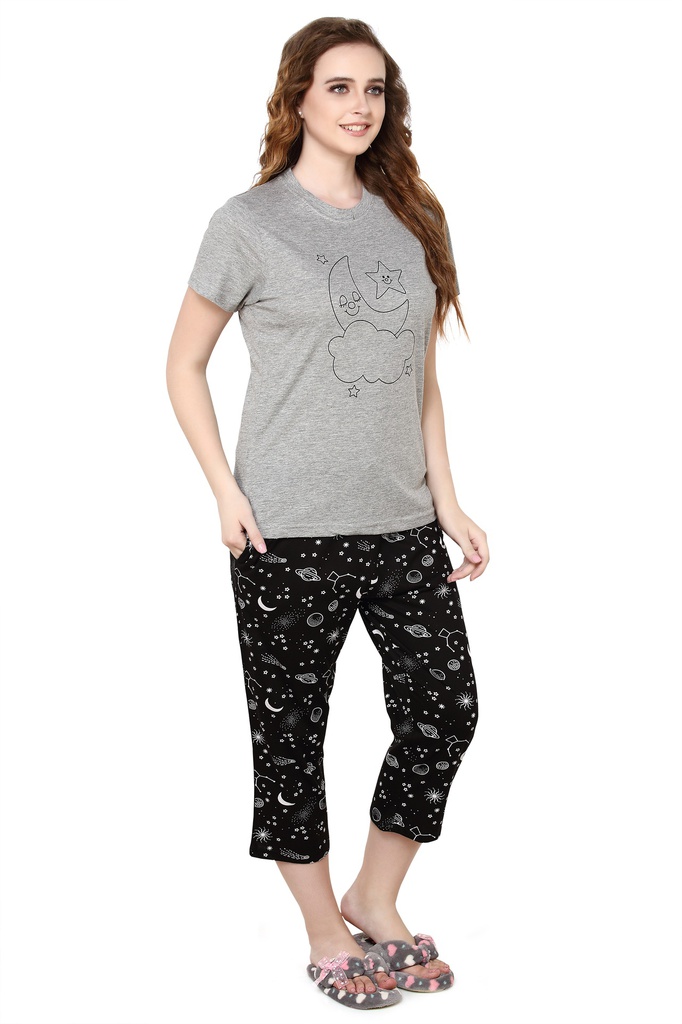 evolove Castor Grey Round Neck Galaxy print Women's (Capri set) Get free eyemask inside of any design (Grey &amp; Black)