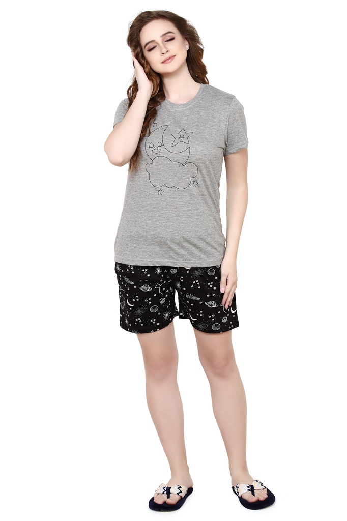 evolove Castor Grey Round Neck Galaxy print Women's (Shorts set) Get free eyemask inside of any design (Grey &amp; Black)