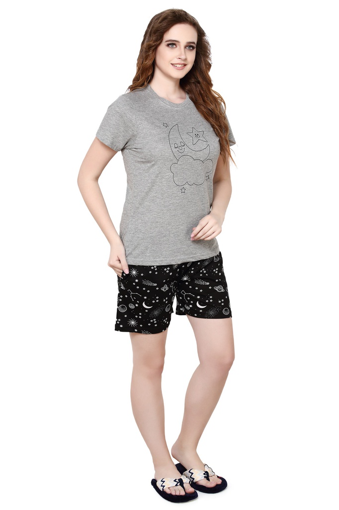 evolove Castor Grey Round Neck Galaxy print Women's (Shorts set) Get free eyemask inside of any design (Grey &amp; Black)