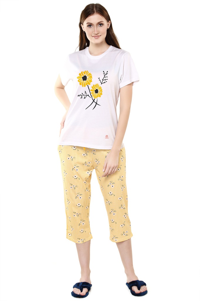 evolove Cyber Yellow Round Neck Floral Print (Capri Set)Get free eyemask inside of any design (White &amp; Cyber Yellow)