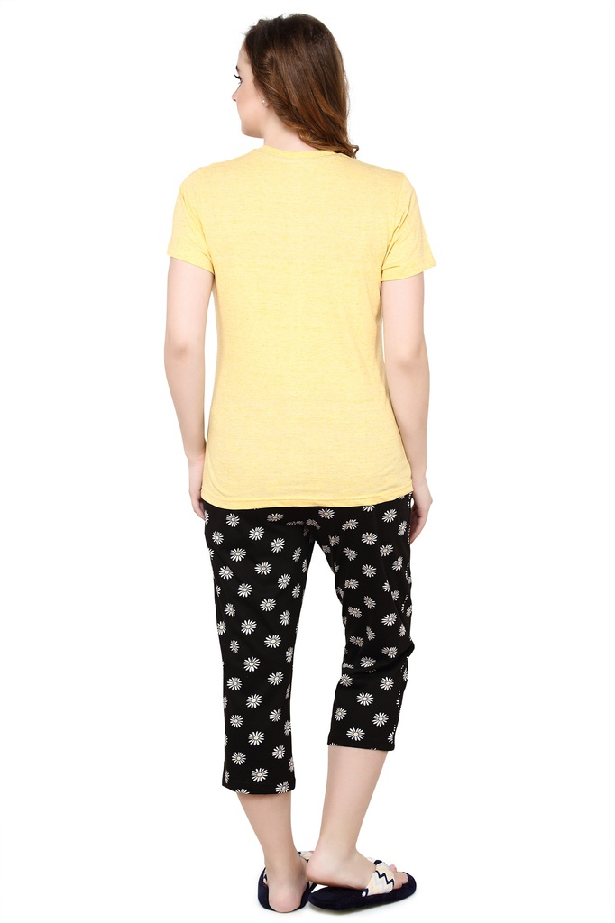 evolove Buttercup Round Neck Flower print Women's (Capri set), (Yellow &amp; Black)