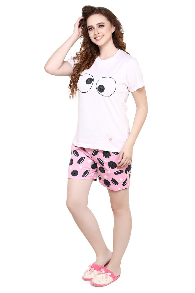 evolove Pearl White Round Neck Oreo print Women's (Shorts set), (White &amp; Pink)