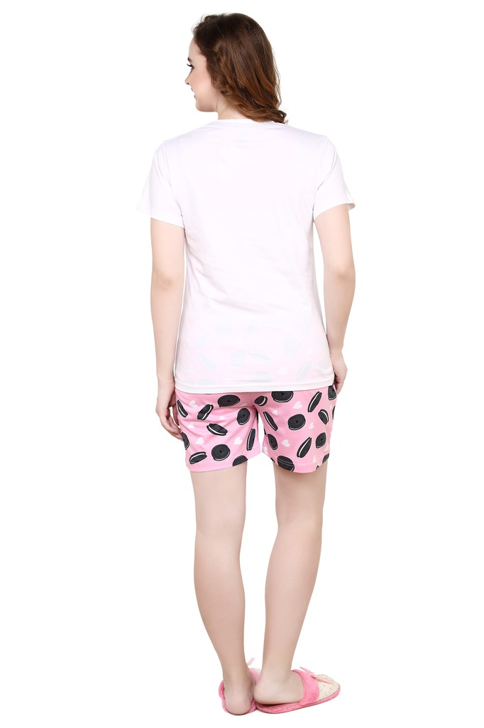 evolove Pearl White Round Neck Oreo print Women's (Shorts set), (White &amp; Pink)