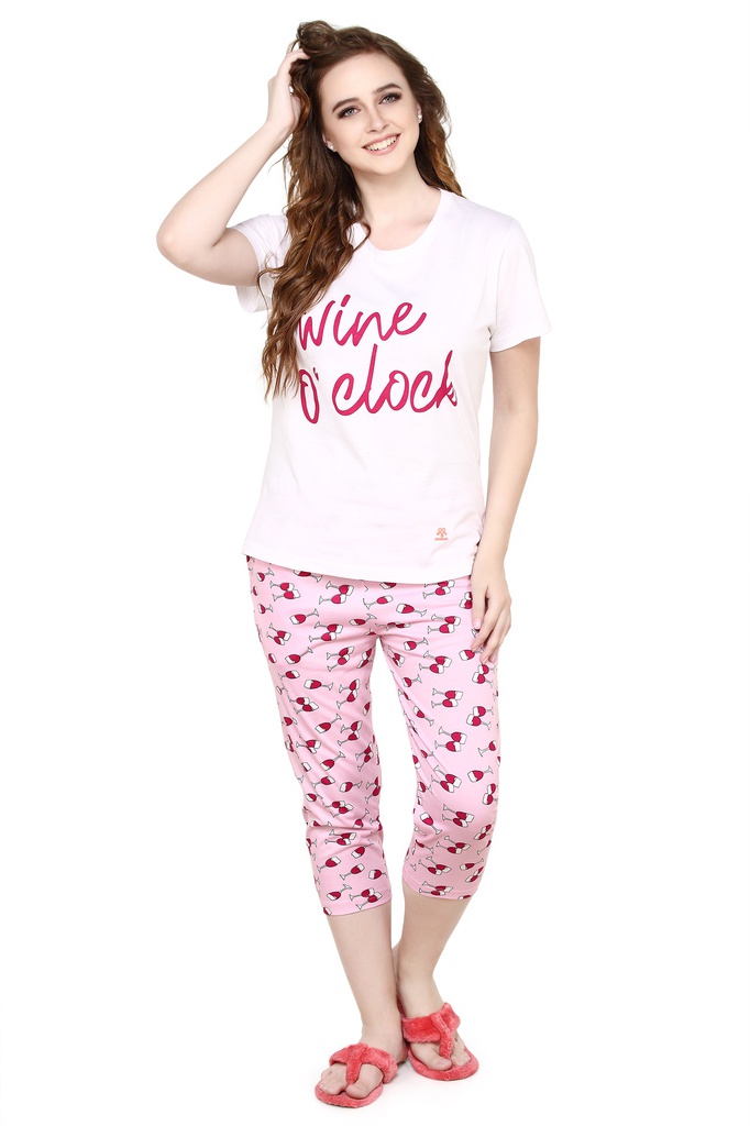 evolove Pearl White Round Neck Oreo print Women's (Shorts set), (White &amp; Pink)