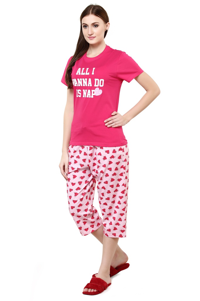 evolove Prism Pink Round Neck Watermelon print Women's (Pajama set), (Prism Pink &amp; Cameo Green)