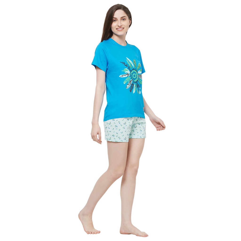 Evolove by pdpm Women's Hosiery cotton Half Sleeve T-shirt &amp; Printed  Shorts Set / Night suit / Lounge wear (Colour - Blue &amp; Printed  Light Blue)