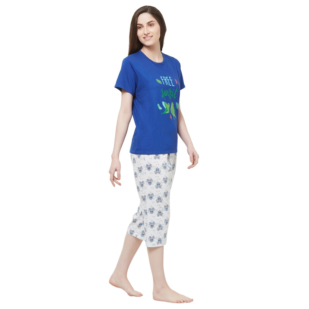 Evolove by pdpm Women's Hosiery cotton Half Sleeve T-shirt &amp; Printed  Shorts Set / Night suit / Lounge wear (Colour - Blue &amp; Printed  Light Blue)