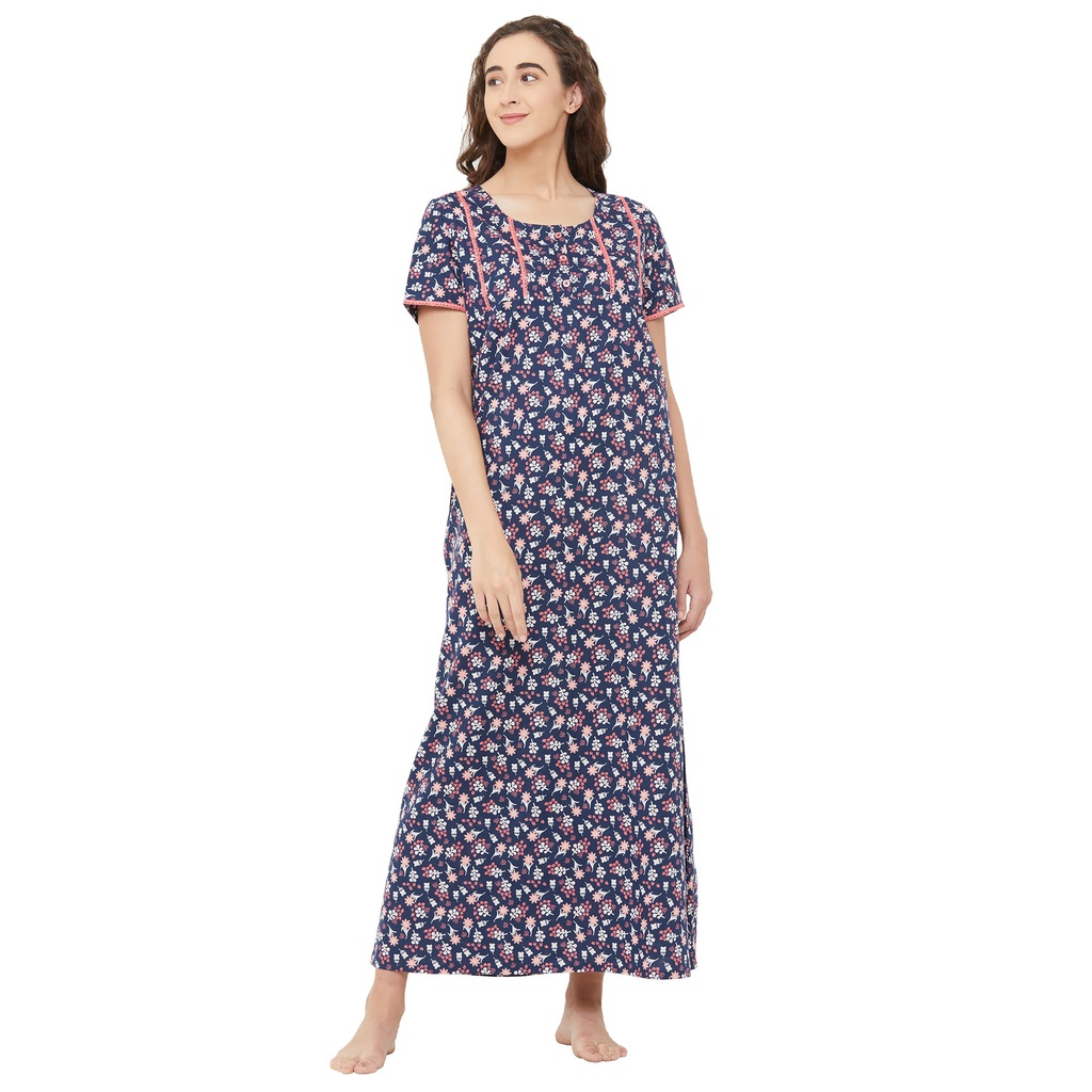 evolove Women's Printed Cotton Long nighty (Nightgown)