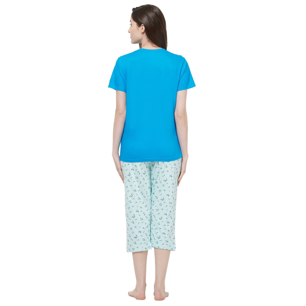 Evolove by pdpm Women's Hosiery cotton Half Sleeve T-shirt &amp; Printed  Shorts Set / Night suit / Lounge wear (Colour - Blue &amp; Printed  Light Blue)