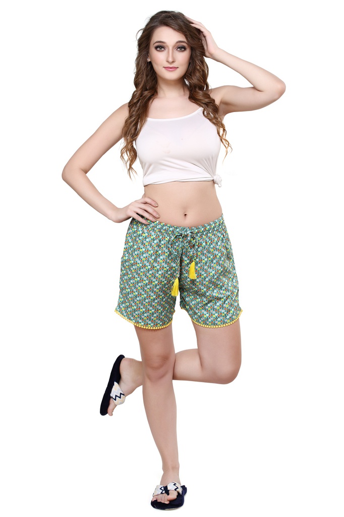 evolove Women's Rayon Printed Green Shorts