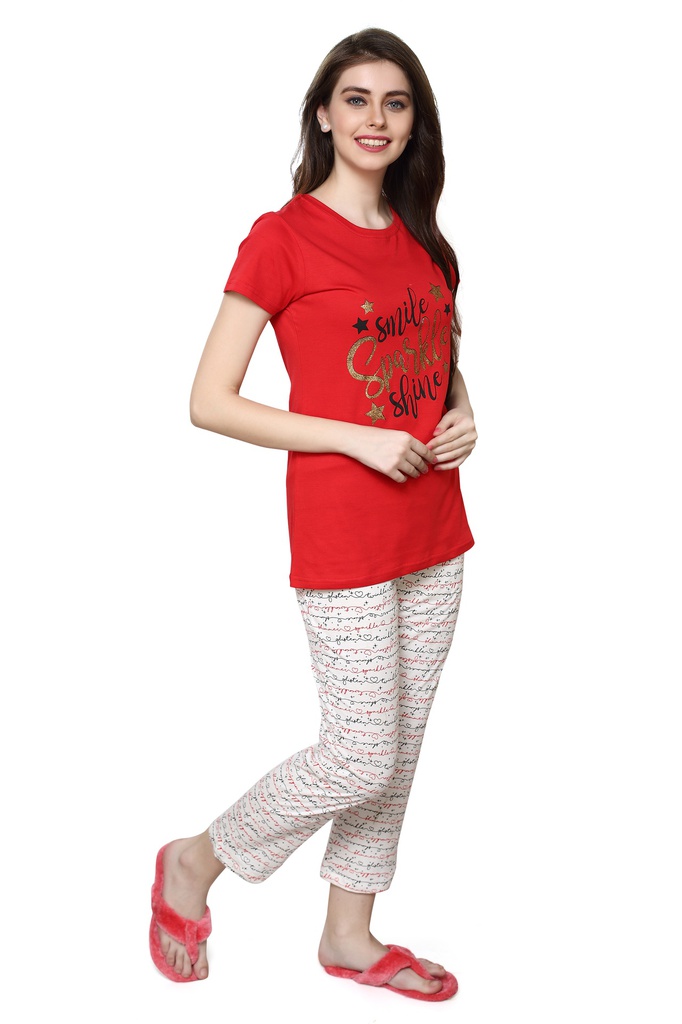 evolove Women's Knitted Galaxy print nightsuit (Pajama set) , Coral