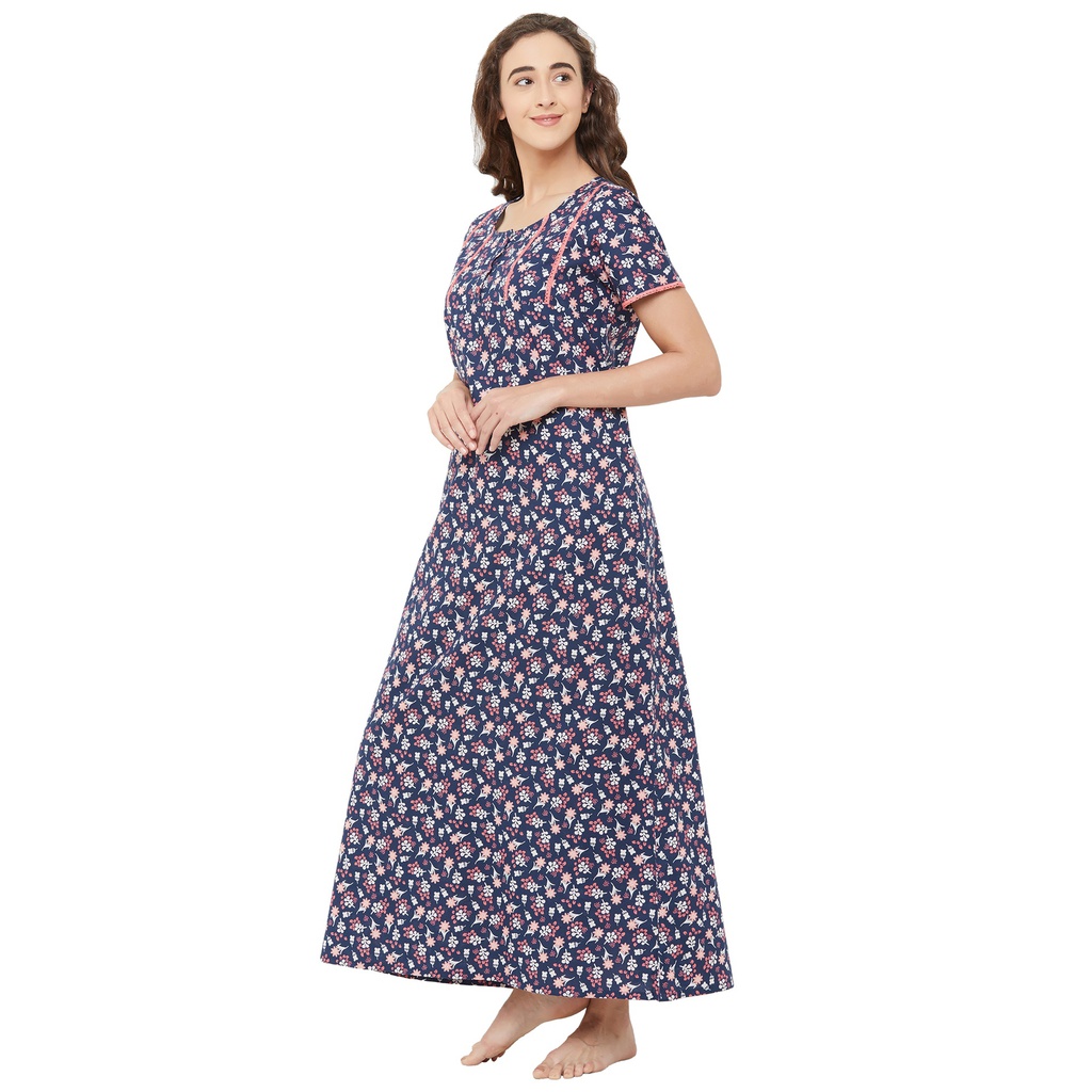 evolove Women's Printed Cotton Long nighty (Nightgown)