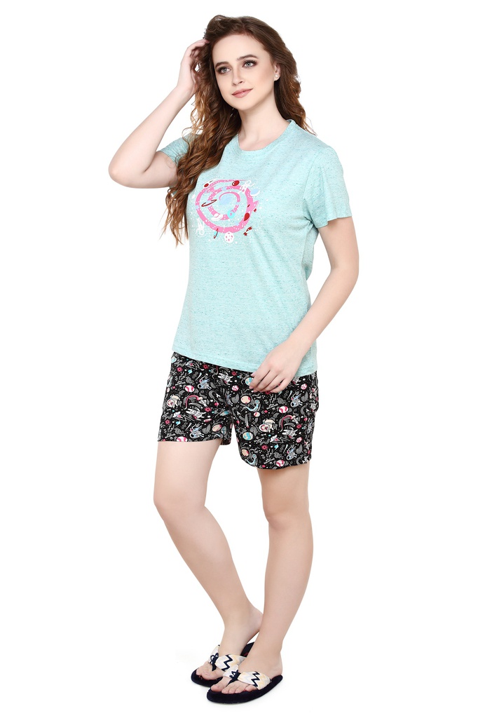 Evolove Buttercup Round Neck Flower Print Women's (Shorts Set), (Yellow &amp; Black) Get Free Eyemask Inside of Any Design