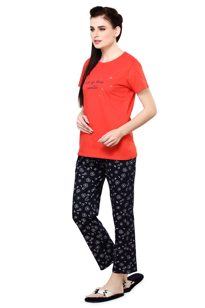 evolove Women's Knitted Galaxy print nightsuit (Pajama set) Get free eyemask inside, Coral, Size -XXL
