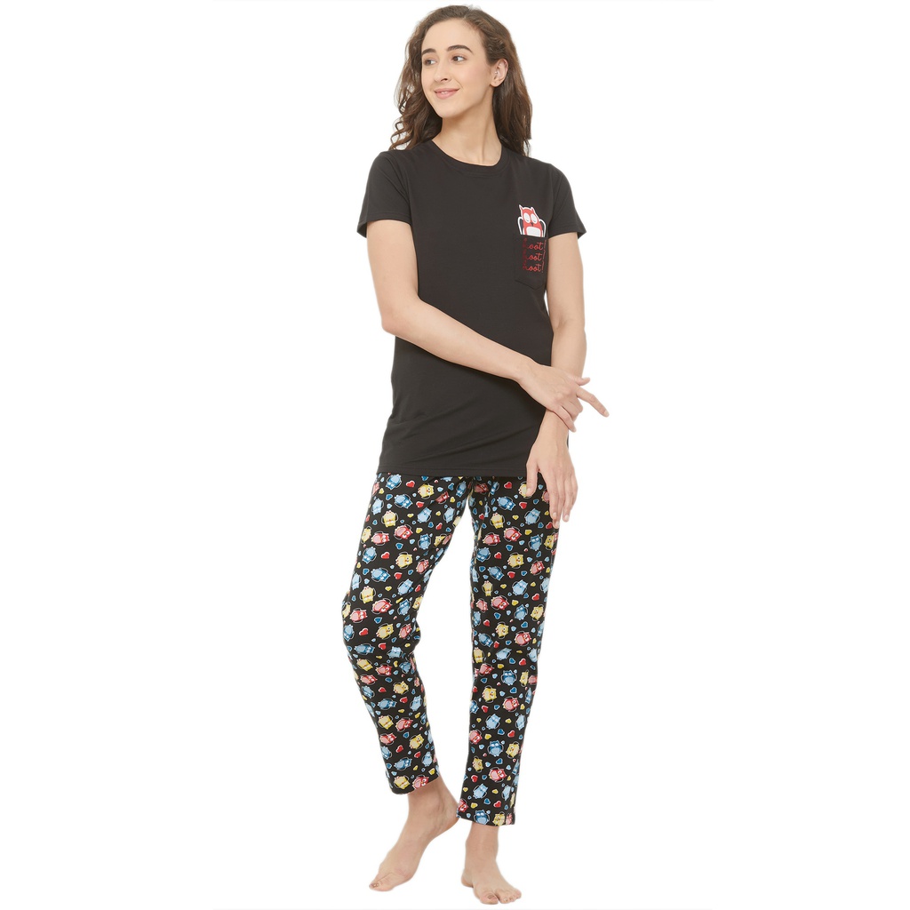 evolove Women's Round neck Pocket Style Printed Night Suit Black-Black (Pajama set) Get Free Eye Mask Inside