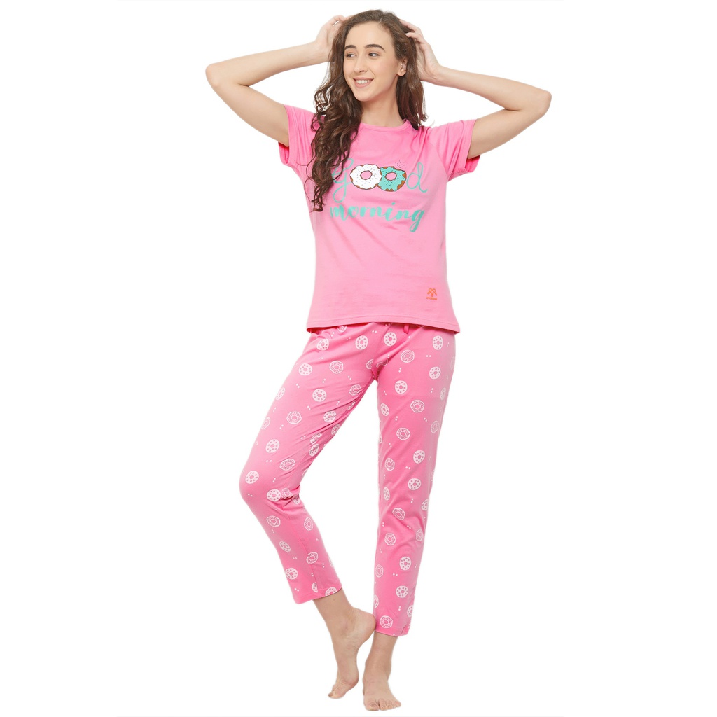 Evolove Women's Cotton Printed Night Suit (Colour - Pink) Pajama set Get Free Eye Mask Inside