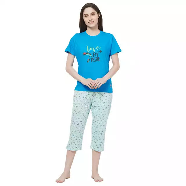 Evolove by pdpm Women's Hosiery cotton Half Sleeve T-shirt &amp; Printed  Capri Set / Night suit / Lounge wear (Colour - Blue &amp; Printed  Light Blue)