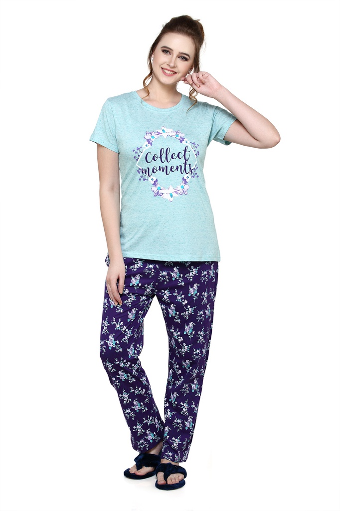 evolove Women's Knitted floral print nightsuit (pajama set) Get free eyemask inside, Turquiose-Purple