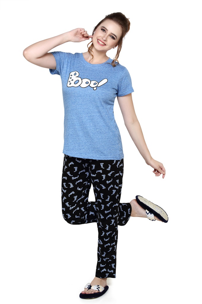 evolove Women's Knitted Boo print nightsuit (pajama set) Get free eyemask inside, Blue-Navy