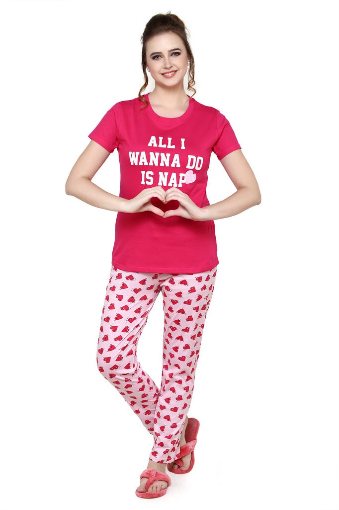 evolove Women's Knitted Heart print nightsuit (pajama set) Get free eyemask inside, Fushia-Pink