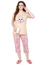 evolove Boring Beige Round neck Space &amp; Cat Printed Women's (Capri set), (Beige &amp; Pink)