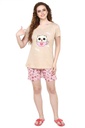 evolove Boring Beige Round neck Space &amp; Cat Printed Women's (Shorts set), (Beige &amp; Pink)