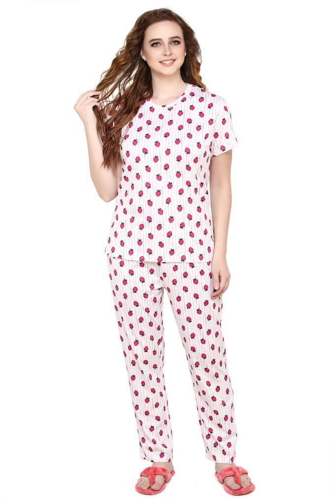 evolove Pastel Pink Round neck Strawberry Print Women's (Pajama set), (White &amp; Pink)