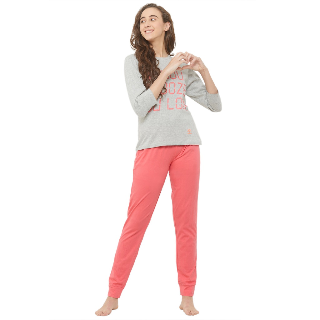 Evolove Women's Cotton Printed Night Suit (Colour - Peach - Grey) Pajama set Get Free Eye Mask Inside