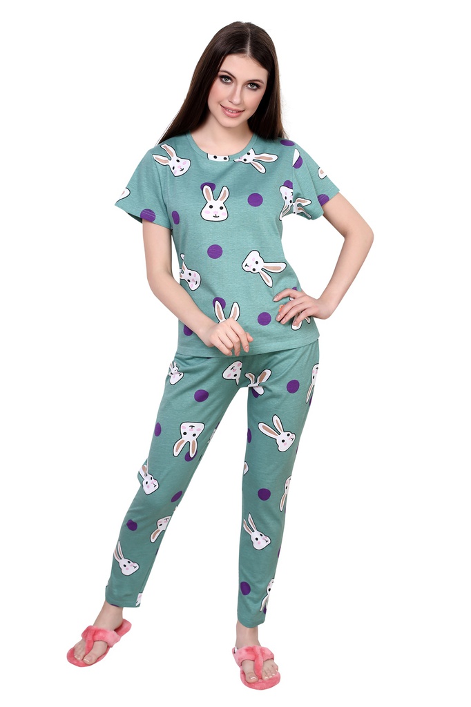 Evolove Women's Cotton Bunny Print Night Suit (Colour - Green - Green) Pajama set Get Free Eye Mask Inside