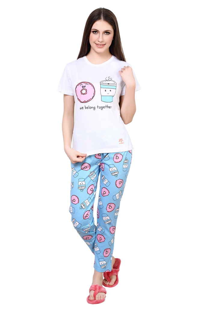 Evolove Women's Cotton donot Print Night Suit (Colour - Blue - White) Pajama set Get Free Eye Mask Inside