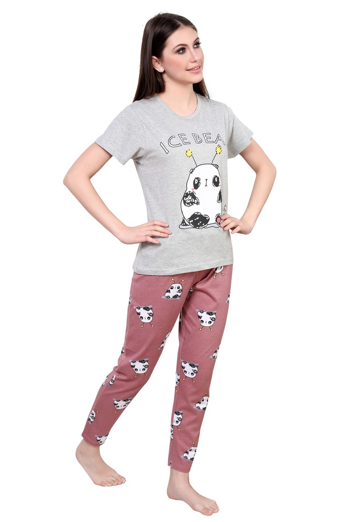 Evolove Women's Cotton Printed Night Suit (Colour - Maroon - Grey) Pajama set Get Free Eye Mask Inside