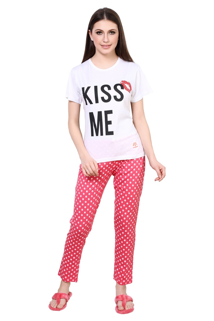 Evolove Women's Cotton Printed Night Suit (Colour - Red - White) Pajama set Get Free Eye Mask Inside