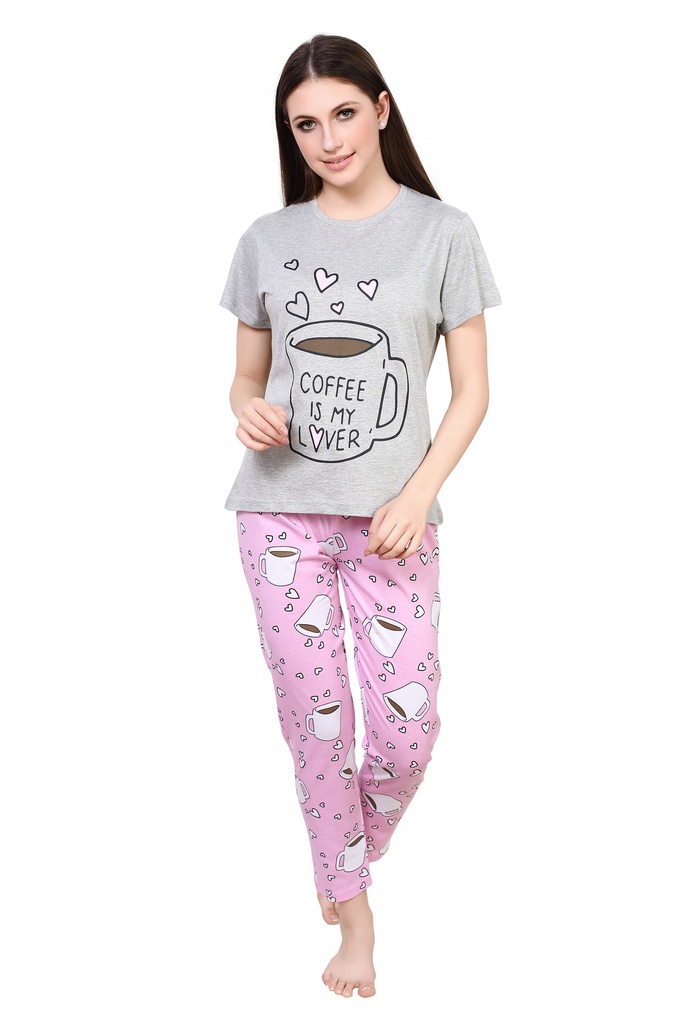 Evolove Women's Cotton Coffee Print Night Suit (Colour - Pink - Grey) Pajama set Get Free Eye Mask Inside