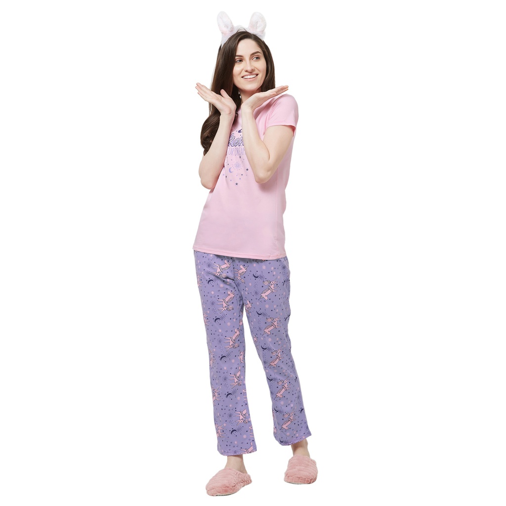 Evolove Women's Cotton Unicorn Print Night Suit (Colour -Peach - Lavendar) Pajama set Get Free Eye Mask Inside