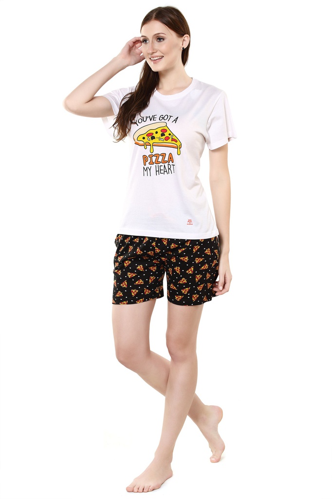 evolove Women's Night Black Round Neck Pizza Print Shorts Set (White &amp; Night black